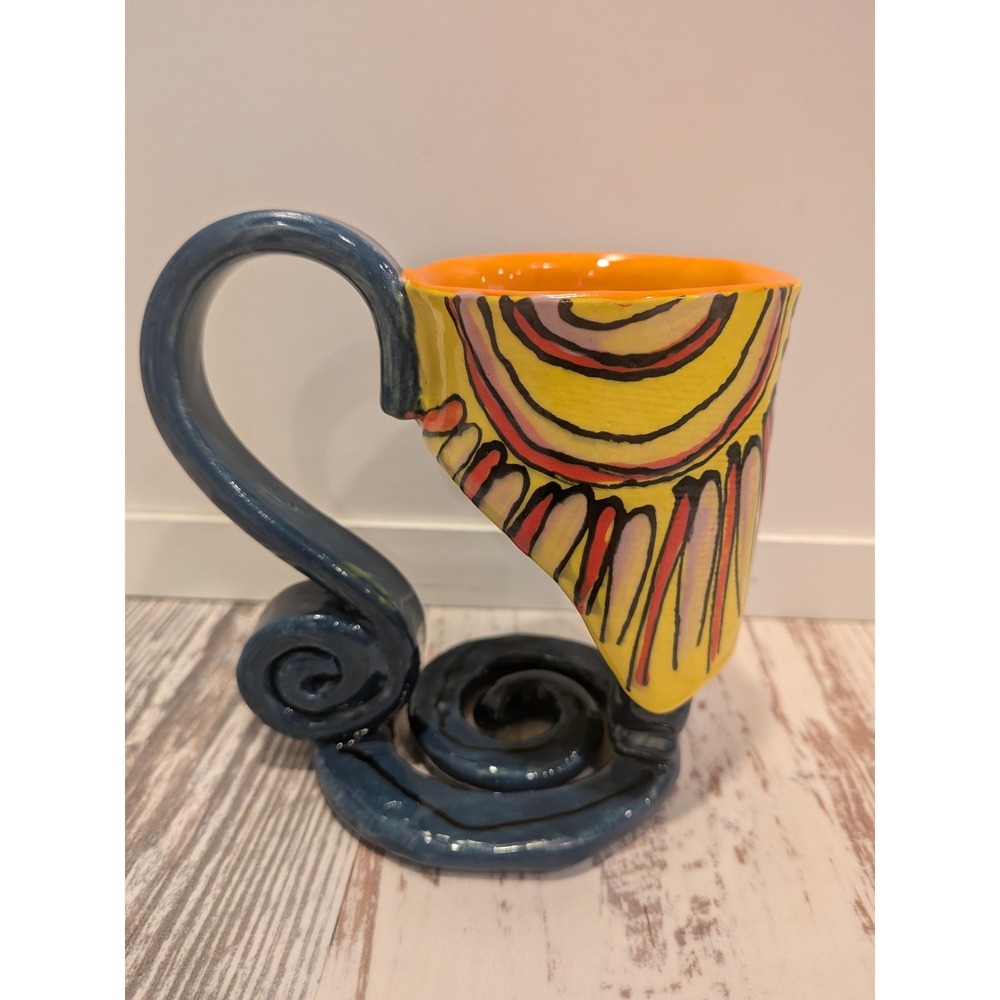 Handmade Studio Pottery Mug Signed Marlon Wassi Art Spiral Handle Abstract Cup - Picture 2 of 8